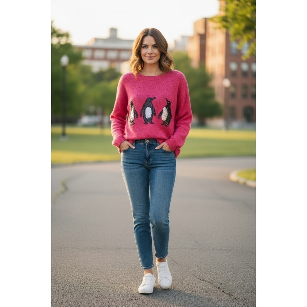 Karen Scott Pink Sequin Penguin Sweater Whimsical Novelty Holiday Christmas XL